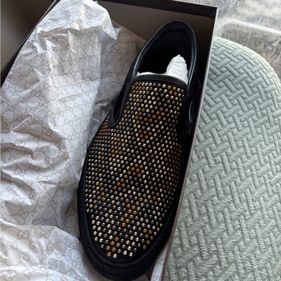 Gucci Black Leather Stud Sneakers Men 10 – Gold Studs – Authentic – New